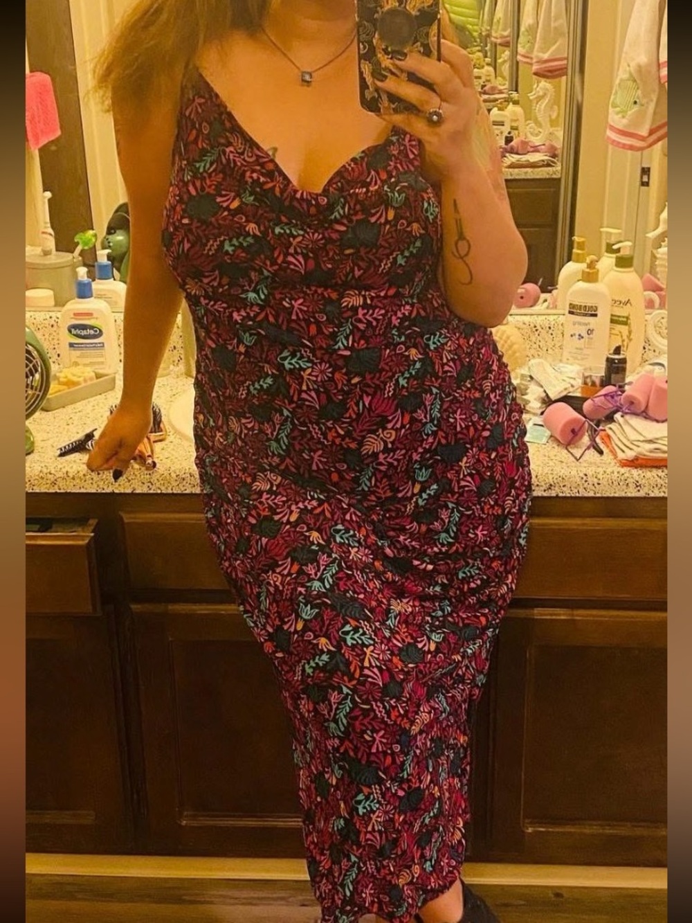 Ava & Viv Black Maxi Dress with Pink and Teal Floral Print